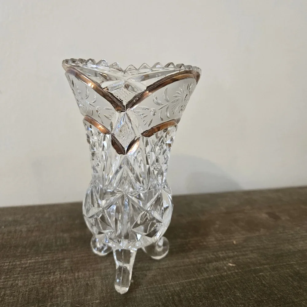 Vintage Cut Glass Tripod Footed Vase Gold Trim Scalloped Rim Floral DiamondClear